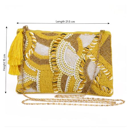 Mustard Cotton and Beads Hang Bag in Premium Finish