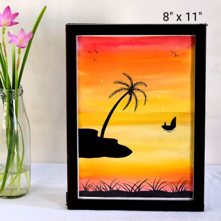 Golden Dusk Watercolor Sunset Painting with Palm Silhouette Art on Paper by Artist Dimpana |8 x 11Inches