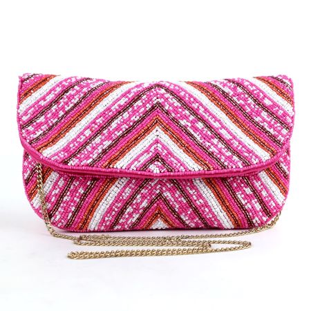 Pink Chevron Hand Beaded Clutch Bag with Gold Chain Strap