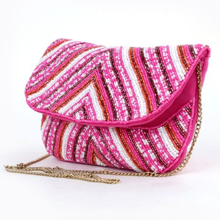Pink Chevron Hand Beaded Clutch Bag with Gold Chain Strap