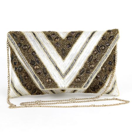Golden Chevron Hand Beaded Party Clutch Sling Bag