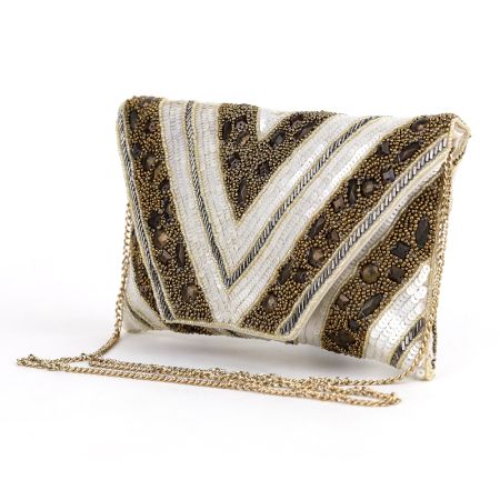 Golden Chevron Hand Beaded Party Clutch Sling Bag