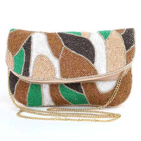 Earth Rhythm Abstract Beaded Clutch with Gold Chain Strap