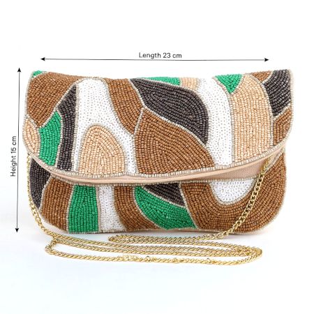 Earth Rhythm Abstract Beaded Clutch with Gold Chain Strap
