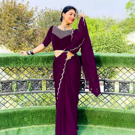 Wine Crepe Georgette Saree with Scallop Border