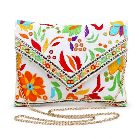 Boho Floral Embroidered Clutch Purse with Chain Strap