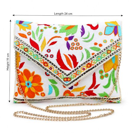 Boho Floral Embroidered Clutch Purse with Chain Strap