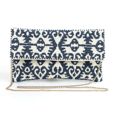Royal Indigo Ikat Hand Beaded Sling Bag with Gold Chain Strap