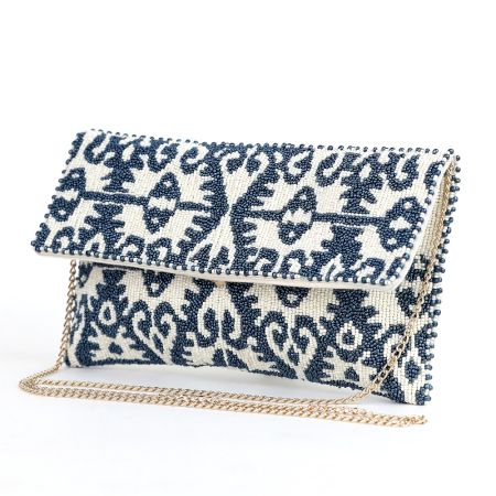 Royal Indigo Ikat Hand Beaded Sling Bag with Gold Chain Strap