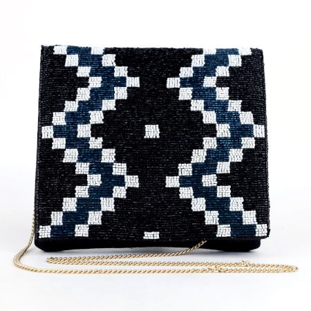 Midnight Mosaic Hand Beaded Sling Bag with Gold Chain Strap