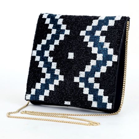 Midnight Mosaic Hand Beaded Sling Bag with Gold Chain Strap