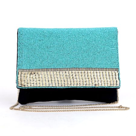 Turquoise Hand Beaded Clutch with Woven Accent and Black Base