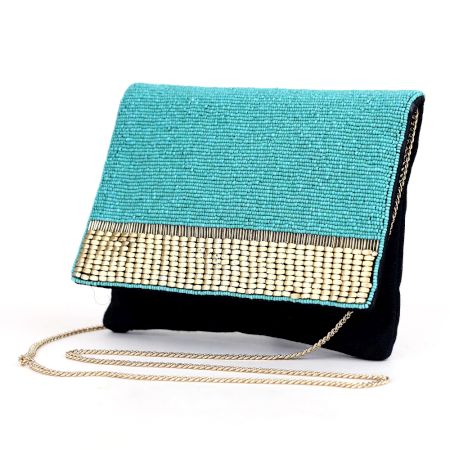 Turquoise Hand Beaded Clutch with Woven Accent and Black Base
