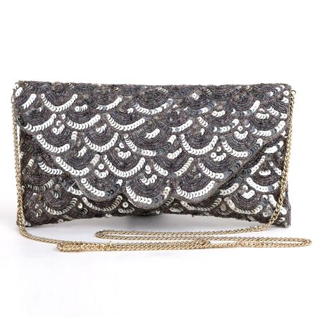 Silver Cascade Sequin Hand Embroidered Sling Bag with Gold Chain Strap