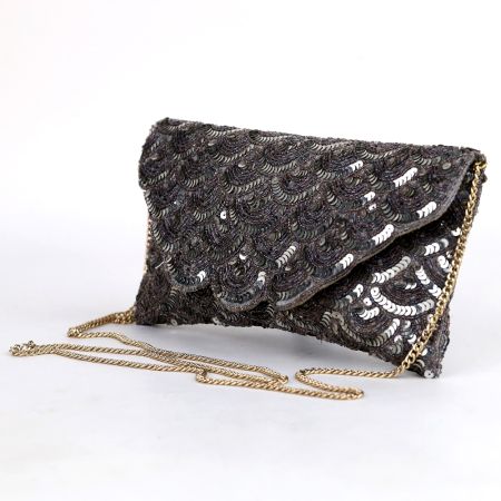 Silver Cascade Sequin Hand Embroidered Sling Bag with Gold Chain Strap