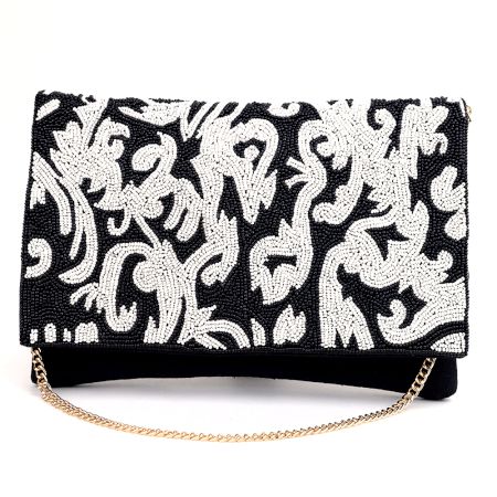 Royal Noir Baroque Beaded Clutch with Chain Strap