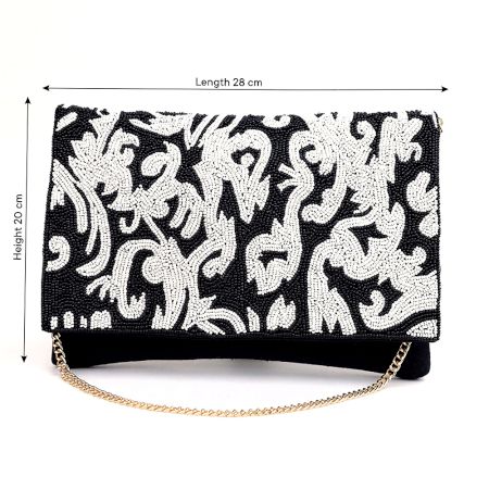Royal Noir Baroque Beaded Clutch with Chain Strap