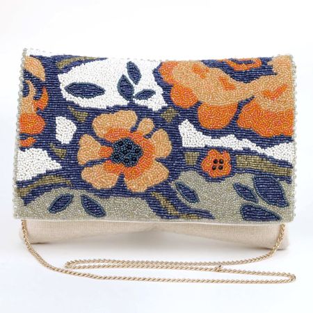 Handcrafted Floral Beaded Evening Clutch Purse with Gold Chain