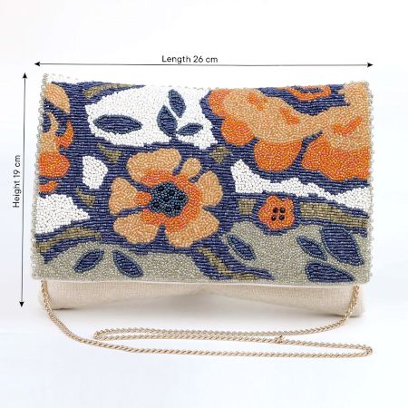 Handcrafted Floral Beaded Evening Clutch Purse with Gold Chain