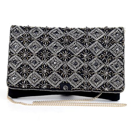 Noir Royale Hand Beaded Clutch with Ornate Metallic Embroidery