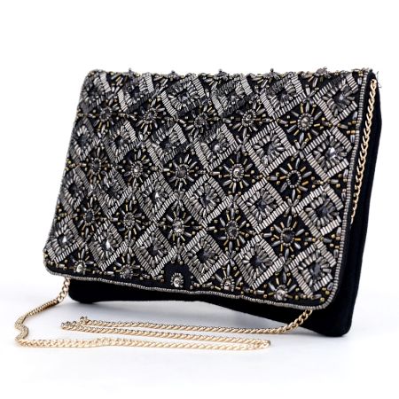 Noir Royale Hand Beaded Clutch with Ornate Metallic Embroidery