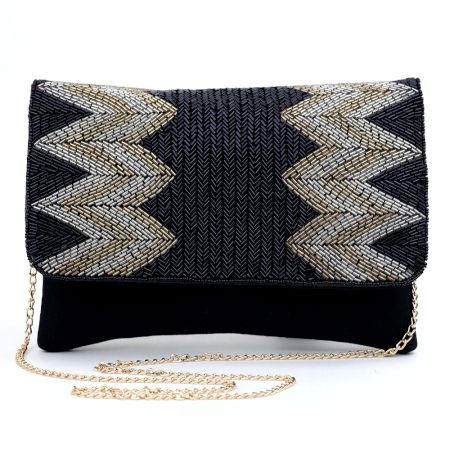 Black Geometric Beaded Evening Clutch Purse with Gold Chain