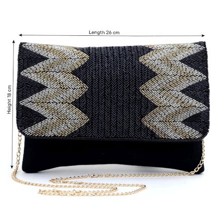Black Geometric Beaded Evening Clutch Purse with Gold Chain