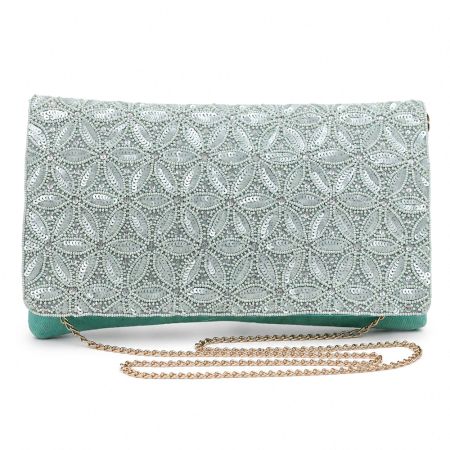 Mint Green Beaded Evening Clutch Purse with Gold Chain