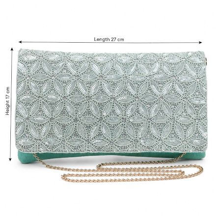 Mint Green Beaded Evening Clutch Purse with Gold Chain