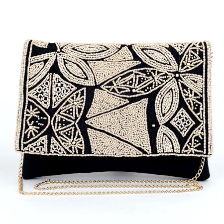 Black & Ivory Beaded Geometric Evening Clutch with Gold Chain
