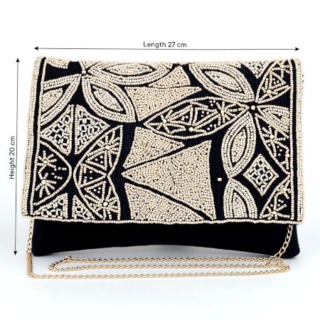 Black & Ivory Beaded Geometric Evening Clutch with Gold Chain