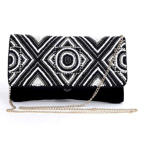 Midnight Monochrome Hand Beaded Geometric Clutch with Chain Strap