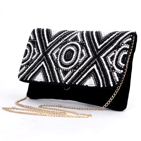 Midnight Monochrome Hand Beaded Geometric Clutch with Chain Strap