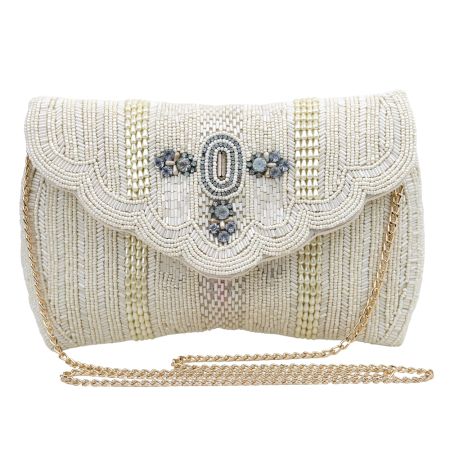 Ivory Pearl Beaded Evening Clutch Purse with Gold Chain