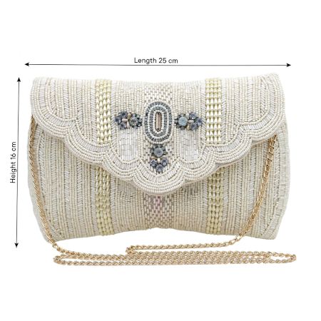 Ivory Pearl Beaded Evening Clutch Purse with Gold Chain