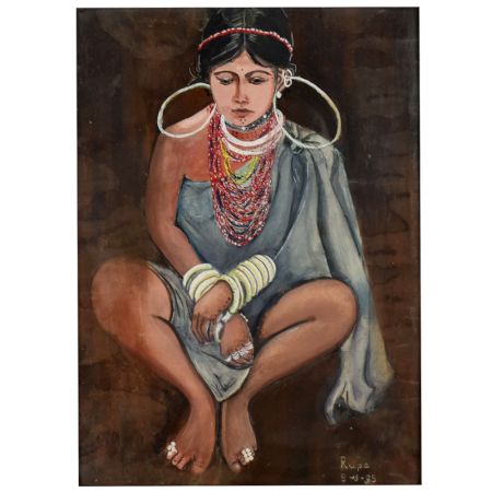 Vintage Tribal Woman Portrait Traditional Indian Paper Painting Framed