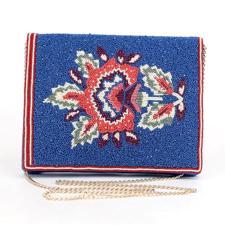 Blue Beaded Dragon Embroidered Sling Bag with Chain