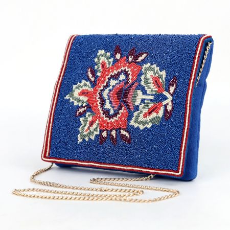 Blue Beaded Dragon Embroidered Sling Bag with Chain
