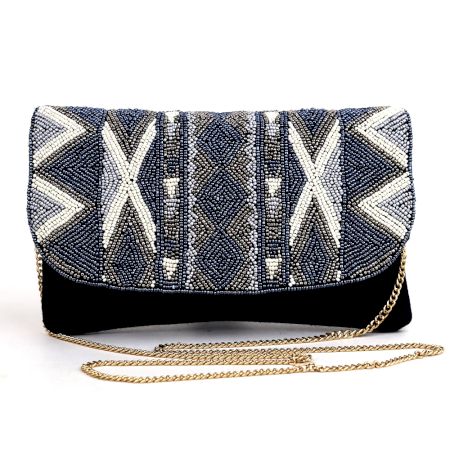 Midnight Mirage Beaded Sling Clutch with Gold Chain Strap