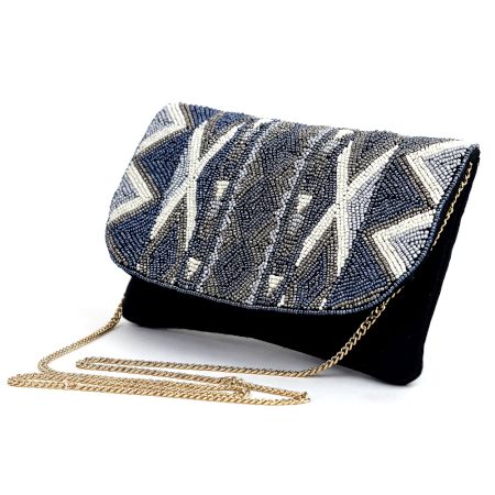 Midnight Mirage Beaded Sling Clutch with Gold Chain Strap