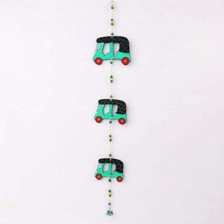 Handmade Wooden Auto-Rickshaw Wall Hanging for Home Decor - Green, Yellow