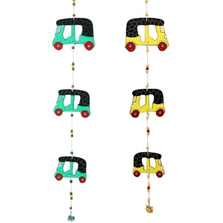 Handmade Wooden Auto-Rickshaw Wall Hanging for Home Decor - Green, Yellow