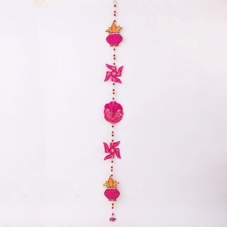 Handmade Wooden Kalash, Swastik, Ganesh Design Wall Hanging - Pink, Red
