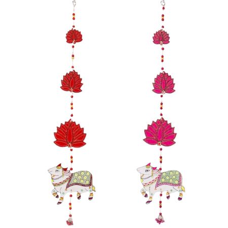 Handmade Wooden Cow and Lotus Wall Hanging for Home Decor - Red, Pink