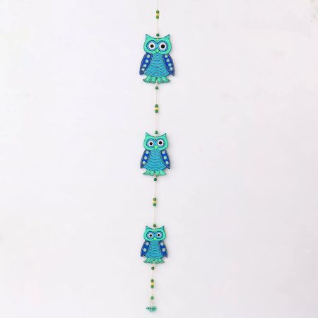 Handmade Wooden Green and Blue Owl Wall Hanging for Home Decor