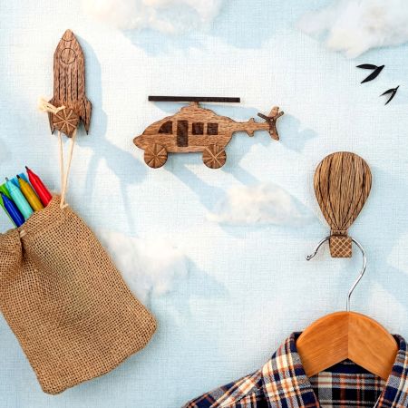 Handmade Adhesive Wooden Wall Hook Set – Kids Wall Hooks - 3 Pieces