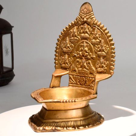 Vintage Brass Ashtalakshmi Diya Oil Lamp Traditional Puja Decor