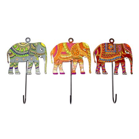 Handpainted Elephant Design Iron Wall Hook with Traditional Indian Art
