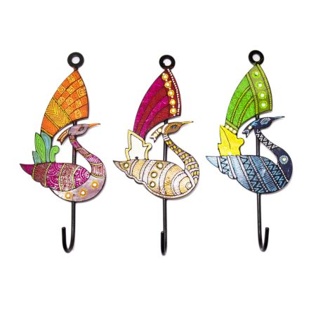 Handpainted Peacock Design Iron Wall Hook with Traditional Indian Art