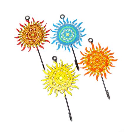 Handpainted Sun Design Iron Wall Hook with Traditional Indian Art